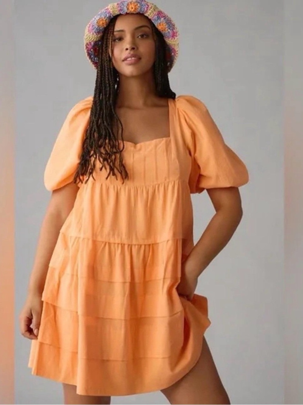 Anthropologie Orange Tiered Mini Dress Puff Sleeve Cotton Women’s Medium
